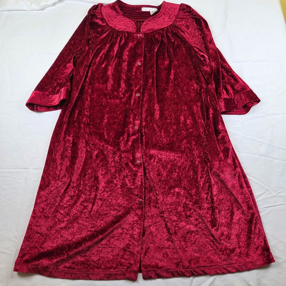 Red Crushed Velvet Robe House Coat Womens 1X Pearl Snap Front Pockets Lounger